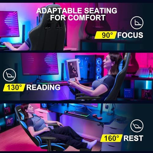 GTPLAYER Gaming Chair with Footrest, Ergonomic Computer Game Desk Chair, Reclining Gamer Chair Seat Height Adjustment, Swivel Rocker with Headrest and Lumbar (Blue)