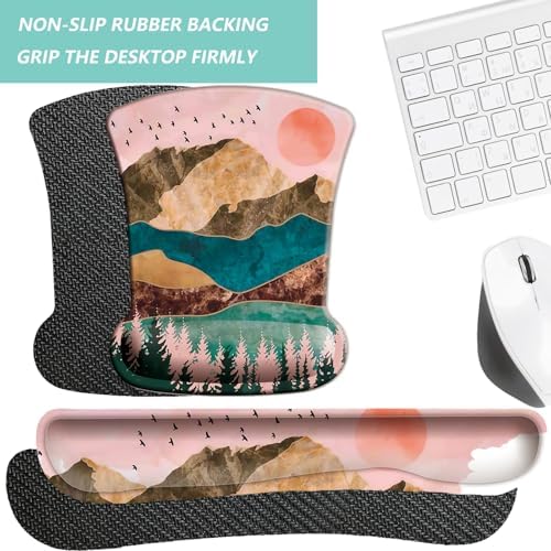 Keyboard Wrist Rest Pad Mouse Pad with Wrist Support Set of 3, Gaming Mousepad with Non-Slip Rubber Base, Ergonomic Memory Foam Mouse Cushion Support for Home Office Laptop Computer, Sunrise