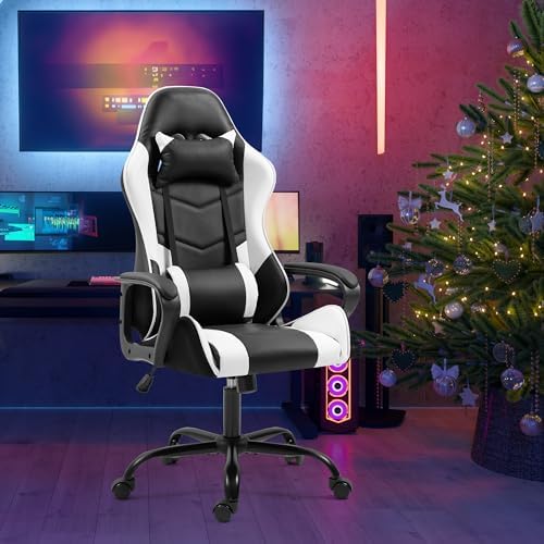 ECOTOUGE White Ergonomic Gaming Chair Massage Lumbar Rocking High Back