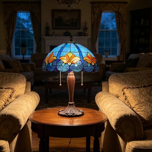 Tiffany Table Lamp 16" Blue Large Stained Glass Desk Reading Light