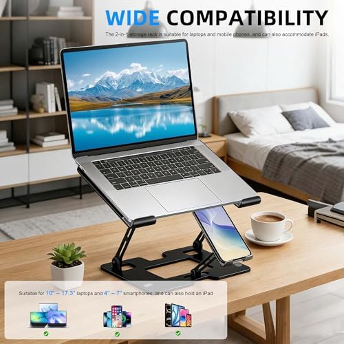 Ergonomic Adjustable 2-in-1 Laptop Stand with Phone Holder, Laptop Riser for Desk, Computer Stand for Laptop, Sturdy and Portable Stand, Compatible with Most Laptops and Phones (Black)