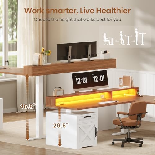 SEDETA Farmhouse L Shaped Standing Desk, 70.1" x 73.2" Height Adjustable Home Office Executive Desk with Drawers, Power Outlet, Monitor Stand, Sit Stand Table with Led Lights for Home Office, White