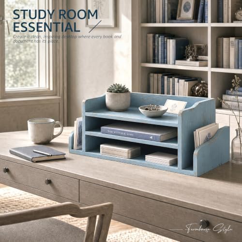 Wood Desk Organizer:File Organizer with 3-Tier Shelf for Office Desk, Blue