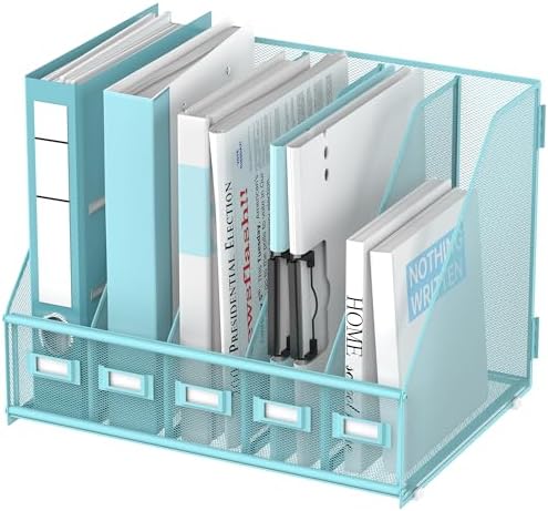 SUPEASY Desk Organizers Metal Desk Magazine File Holder with 5 Vertical Compartments Rack File Organizer for Office Desktop, Classroom, Home Workspace, Blue Plus