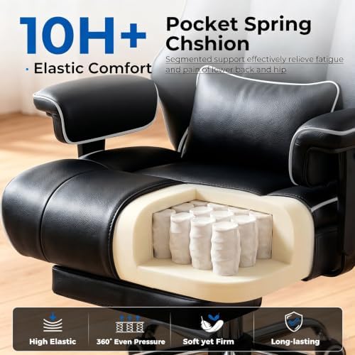 COMHOMA Big and Tall Office Chair,Heavy Duty Gaming Chair with Foot Rest and Wide Pocket Spring Cushion Reclining Height Adjustable for Home Office Work, Comfy Pu Leather Black-White