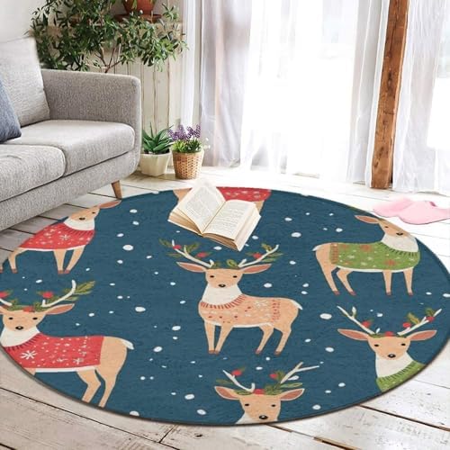 Large Home Decor Mat, Soft Round Yoga Carpet, Non Slip Machine Washable Kitchen Office Circle Rug Christmas Dogs in Sweater