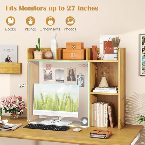 GIANTEX Desktop Bookshelf, Wood Desk Hutch Organizer for 27 Inch Computer Monitor, Countertop Storage Display Rack with 5 Shelves, Multipurpose Desktop Shelf Bookcase for Dorm Office Home (Burlywood)