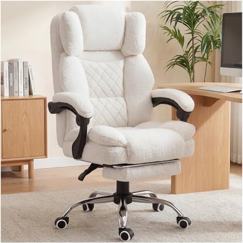 GTPLAYER Big and Tall Office Chair with Pocket Spring Cushion & Ergonomic Lumbar Support for Lower Back Pain Relief, High Back Computer Gaming Chair with Foot Rest, Comfy Teddy Fleece, White
