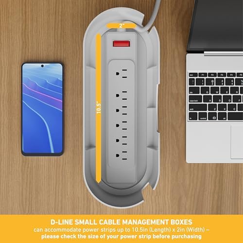 D-Line Cable Management Box, Power Strip Holder, Floor Outlet Hider, Desk Cord Organizer, Cover TV Wires, 12.75" (L) x 5" (W) x 4.5" (H), for use with Power Strips up to 10.5in Length - Small, White