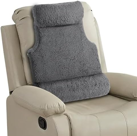 3-in-1 Lumbar Support Pillow with Headrest for Recliner, Memory Foam Back Cushion Set with Adjustable Side Bolster for Targeted Lower Back Pain Relief, Plush Sherpa Fleece Cover, Grey