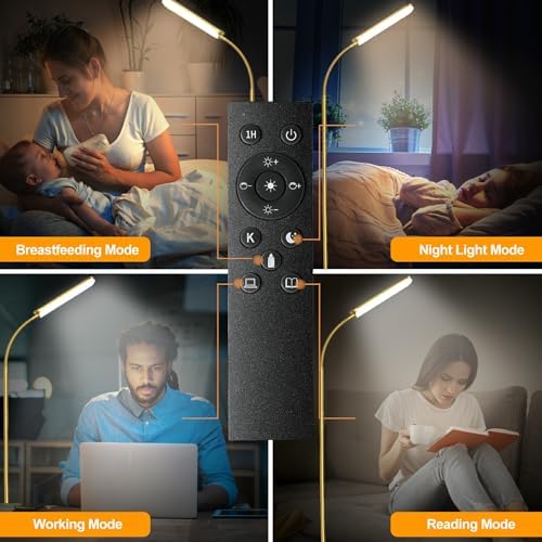 marctronic Gold Floor Lamp, 18W 1800LM Bright LED Floor Lamps for Living Room Bedroom, Dimmable Timing Eye Caring Reading Standing Lamp with Remote & Works with Smart Plug