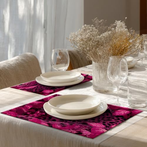 Shrahala Cute Leopard Placemats, Amaranth Leaves Pink and Black Table Mat Linen Burlap Washable Double-Deck Heat Insulation for Dining/Kitchen Table Set of 8 (12 X 18 Inch)