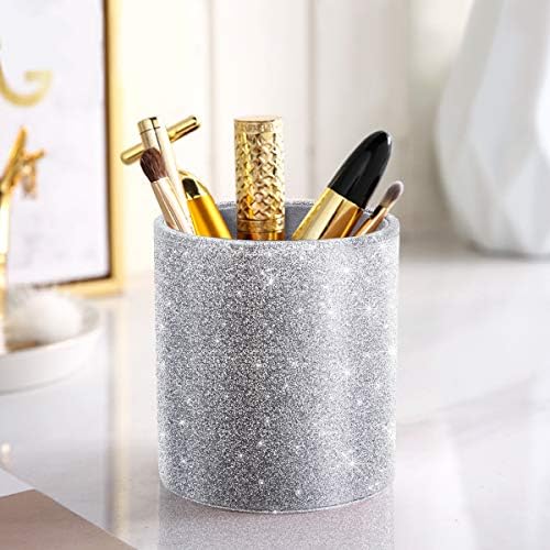 Glitter Pen Holder, Pencil Cup Desk Sparky Bling for Women Girls, Luxury Durable Makeup Brush Holder Large Pu Leather Multi-Functional Organizer Cup for Office, Classroom, Home, Silver