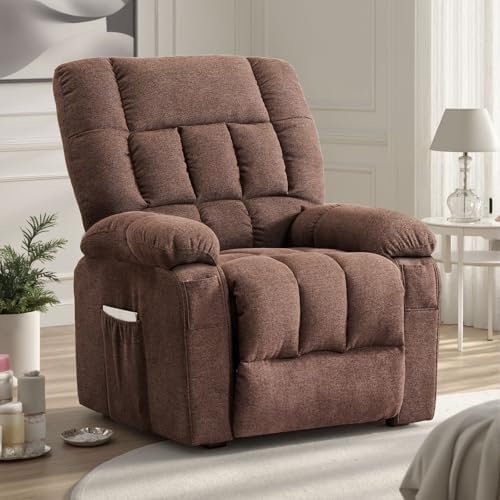 Sweetcrispy Power Lift Recliner Chair with Vibration Massage and Heat for Adults, Ergonomic Overstuffed Breathable Fabric Reclining Chair with Side Pockets, Remote Control, Living Room, Bedroom, Brown