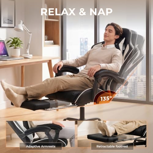 Dowinx Gaming Chair with Footrest, Ergonomic Office Chair, Black White