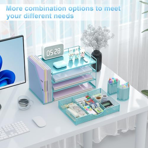 gianotter Desk Organizers and Accessories with File Holder, 4-Tier Desk Accessories & Workspace Organizers with Drawer and 2 Pen Holder, Desk Reference Organizer (Blue, 4T with Metal Drawer)