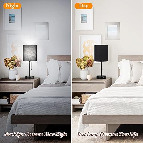 Bedside Table Lamps Set of 2 with USB Charging Ports and AC Outlet, Black