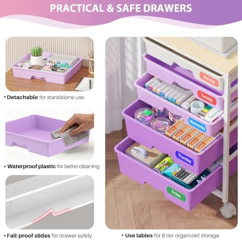 Goovilla Rolling Cart with 5 Drawers for Craft, Art, Dorm, Office, Purple