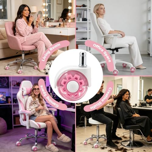 Pink Office Chair Wheels with Seamless One-Piece Nylon Cover, 2 Inch Rubber Gaming Wheels Replacement, Smooth Rolling for Hardwood Carpet Tile Floors, 11 * 22mm Universal fit