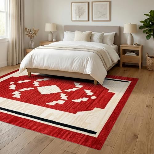 6'x9' Red Ivory Cat Crimson Boho Geometric Ultra-Soft Area Rug