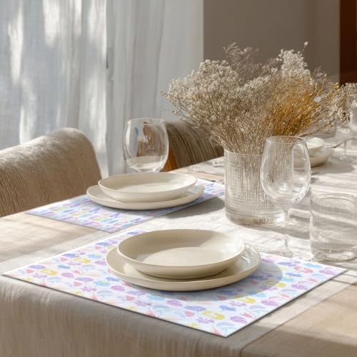 Shrahala Pastel Seamless Floral Set of 8 12 X 18 Inch Linen Placemats, Abstract Geometric Blossom Burlap Table Mat Washable Double Layered Heat Insulation for Indoor