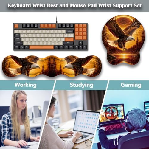 Ergonomic Keyboard Wrist Rest & Mouse Wrist Support Set with Lace Coaster, Gel Memory Foam Anti-Slip Base, Pain Relief for Typing, Bald Eagle Sunset