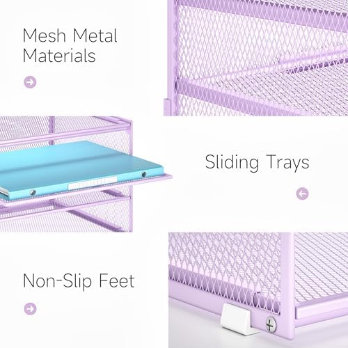 Lavatino 3-Tier Letter Tray Desk Organizer – Purple Mesh Metal Paper File Tray Organizer for Desk, Office Supplies & Home Organization | Fits A4/Letter Paper, Mail, Magazines and Office Accessories