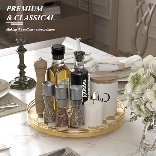 AMH 13-Inch Gold and White Checkerboard Lazy Susan with Rubberwood Base