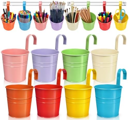 Vowcarol 8 Pack Metal Pencil Holder Crayon Organizer for Classroom with Hanging Rack for Wall, Crayon Holder Hanging Art Storage Buckets for Classroom