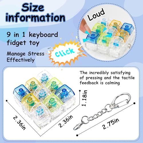 Keyboard Fidget Toy, Keyboard Fidget Keychain 9-in-1 Keyboard Decompression Button Finger Clicker Toys Stress Relief Fidget Gifts (Transparent- Blue Clear)