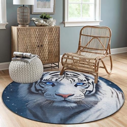 Large Home Decor Mat, Soft Round Yoga Carpet, Non Slip Machine Washable Kitchen Office Circle Rug White Tiger Moon Starry Sky