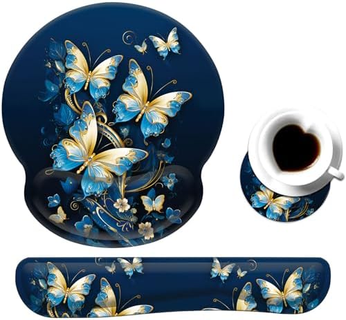 Keyboard Wrist Rest and Mouse Pad Wrist Support Set with Coaster,Ergonomic Mouse Pad,Comfortable for Easy Typing, Pain Relief,Memory Foam Keyboard Pad Set for Laptop Mac,Gold Butterflies