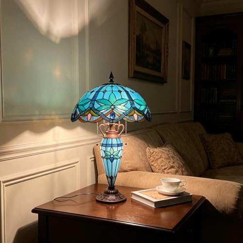 Tiffany Lamp 16 inch Blue Stained Glass Table Lamp with Nightlight