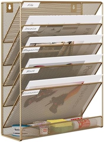 EasyPAG 5 Tier Wall File Holder, Mesh Hanging Folder Organizer with Classify Label, Versatile Desk File Holder, Vertical Wall Mounted Mail Organizer for Office Home Cubicle, Gold