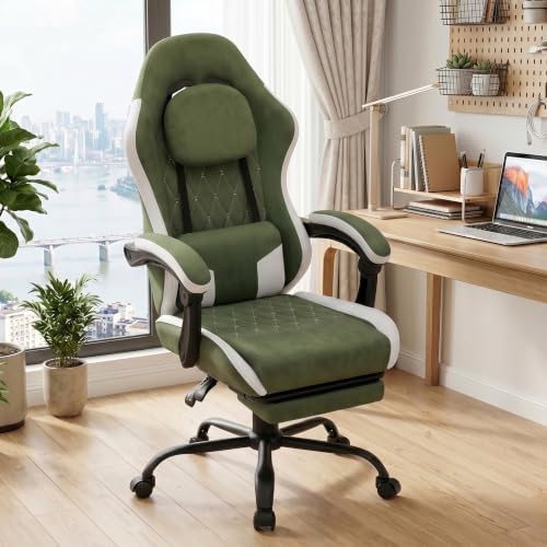 Video Gaming Chair, Ergonomic Office Chair with Footrest, Lumbar Support and Linkage Armrests, Swive Home Video Game Chairs for Adults, Green