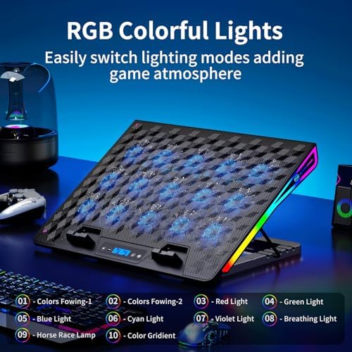 KeiBn Laptop Cooling Pad, Gaming Laptop Fan Cooling Pad with 15 Quiet Fans, RGB Laptop Cooler for 10-17.3 Inch, 4 Height Stands, 2 USB Ports - Blue