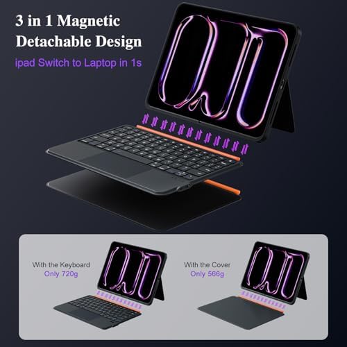 iPad Pro 13 inch Case with Keyboard (M5 2025, M4 2024), Flex Magnetic Detachable Backlit Keyboard Case, Larger Multi-Trackpad, Landscape/Portrait, 160° Adjustable Stand, Slim Protective Case (Black)