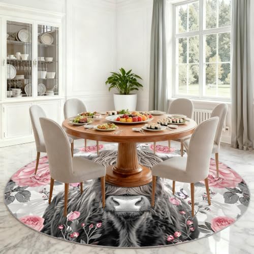 Highland Cattle Round Area Rug - 6.6ft Highland Cattle Round Rug for Living Room, Country Flowers Circle Rugs Soft Non-Slip Carpet for Bedroom Kiks Room Dining Table Decor Mat
