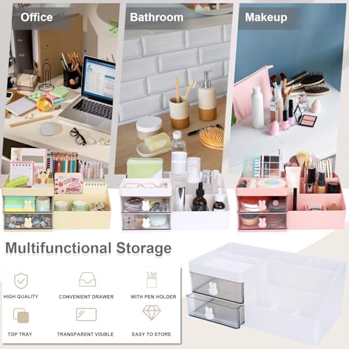 Meiikun Desk Organizer, Makeup Organizer with 2 Drawer, 7 Compartment & a Top Tray, Desktop Organizers and Storage for Women, Cute Home organization Bathroom, 11" x 5.7" x 4.7" (White)
