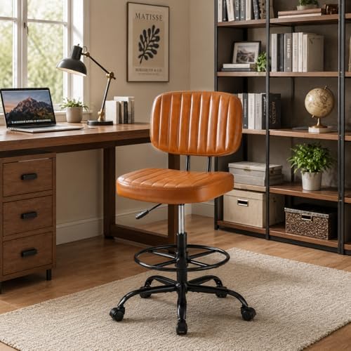 Simple Deluxe Armless Drafting Chair, Low Back PU Leather Office Seat with Footrest Ring, Swivel Rolling Stool for Standing Desk, Studio, Lab, Counter and Small Spaces, Brown