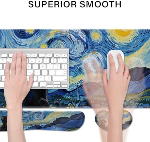 Desk Pad and Keyboard Wrist Rest, Large Mouse Pad + Keyboard Pad+Mouse Wrist Support, Non-Slip Desk Mat Protector for Office, Home 31.5×11.8 Inches Starry Night Cat