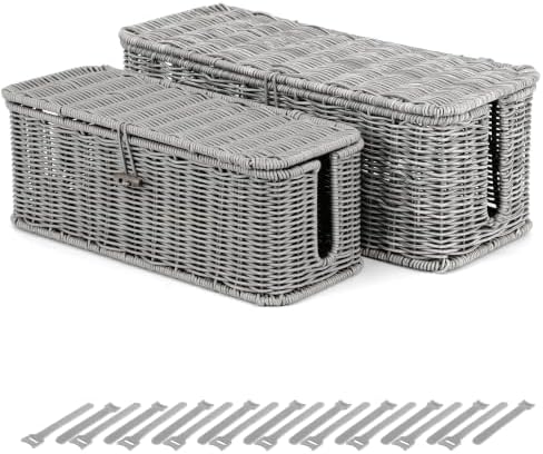 Cable Management Box, Cord Organizer with Lid & Cable Ties - Gray Set