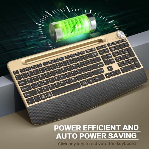 GAMCATZ Ergonomic Wireless Keyboard and Mouse with Wrist Rest，Phone Holder - 2.4GHz Full-Sized Low-Profile Quiet Gold Wireless Mouse and Keyboard Combo for Computer, Laptop, PC, Mac-Gold