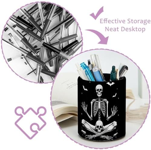 Funny Skeleton Pen Holder Pencil Organizer Cute Pencil Cup Desk Decor Makeup Brush Holder PU Multifunctional Office Supplies for Home Classroom School