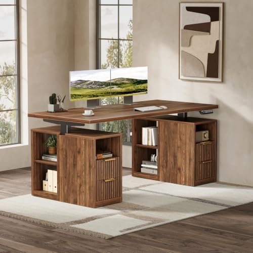 OffiGo Fluted 55 Inch Electric Standing Desk with 2 Storage Cabinet, Walnut