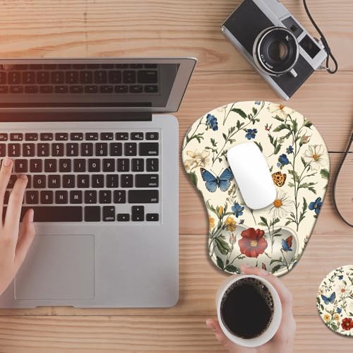 Ergonomic Mouse Pad with Wrist Rest,Comfortable Computer Gel Mouse Pad Wrist Support for Laptop,Pain Relief Mousepad with Non-Slip PU Base Floral Butterfly