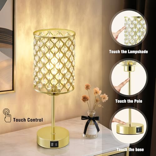 GyroVu Gold Crystal Bedside Table Lamps Set of 2 with USB C+A Ports