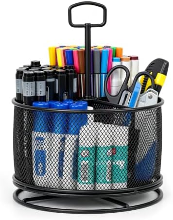 360 Degree Rotating Pen Holder for Desk (Black, with Handle)