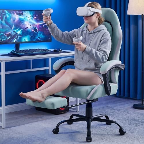 Gaming Chair with Footrest, Ergonomic Fabric Desk Chair,Green