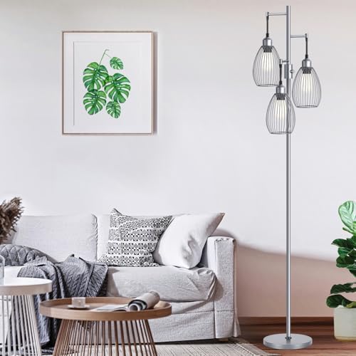 Nintiue Dimmable Floor Lamp, 3 x 800LM LED Edison Bulbs Included, Industrial Floor Lamp Standing Tree Lamp with Elegant Teardrop Cage Heads Tall Lamps for Living Room Bedroom-Grey